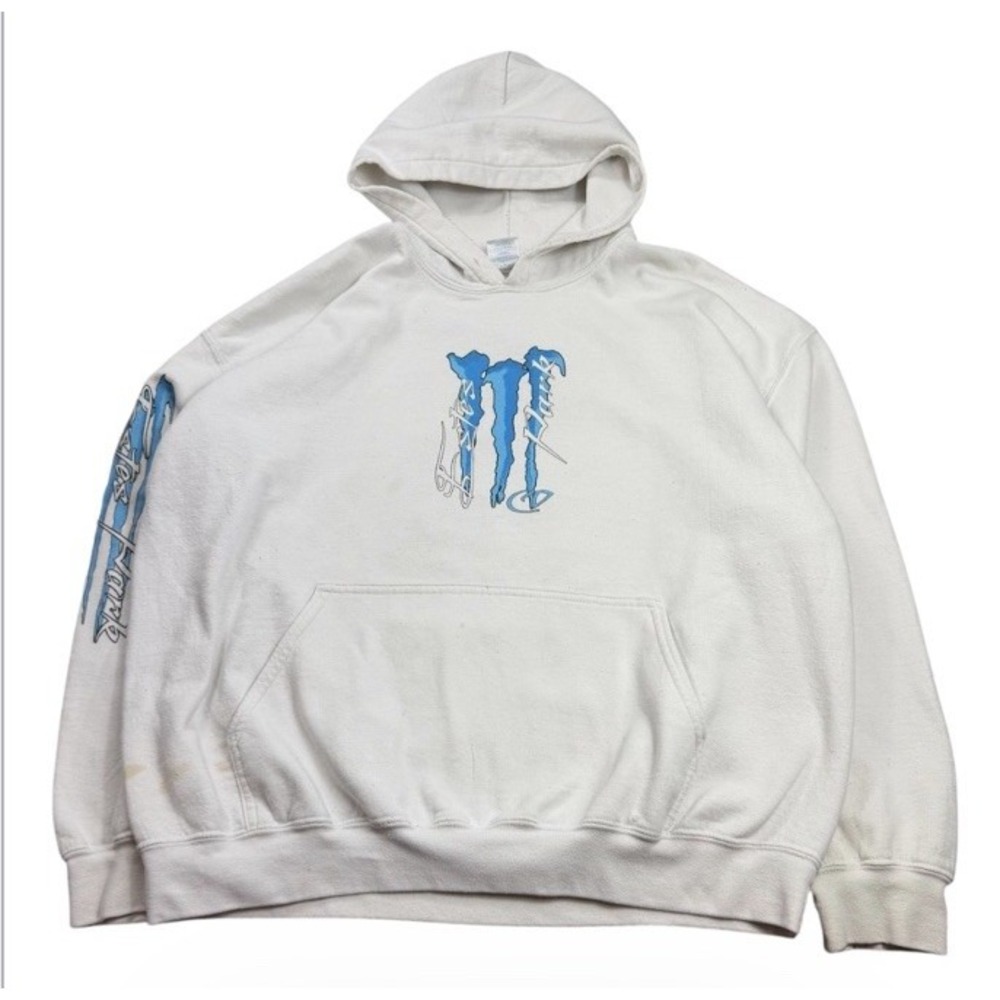 Men's Monster Energy White Hoodie With Blue Logo Size XL GRUNGE
